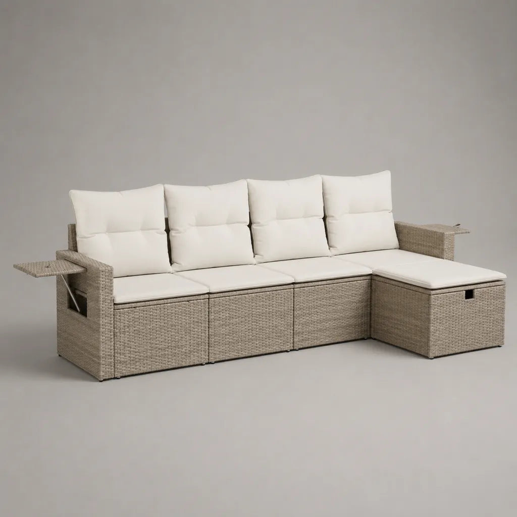 Canapé de jardin 4 places en L avec coffre en résine tressée PE beige et coussins en polyester crème, 245 x 145 x 85 cm