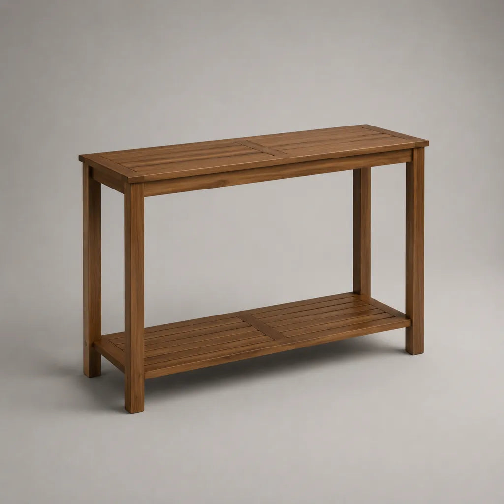 Table de jardin rectangulaire en bois marron avec étagère, 110 × 40 × 85 cm