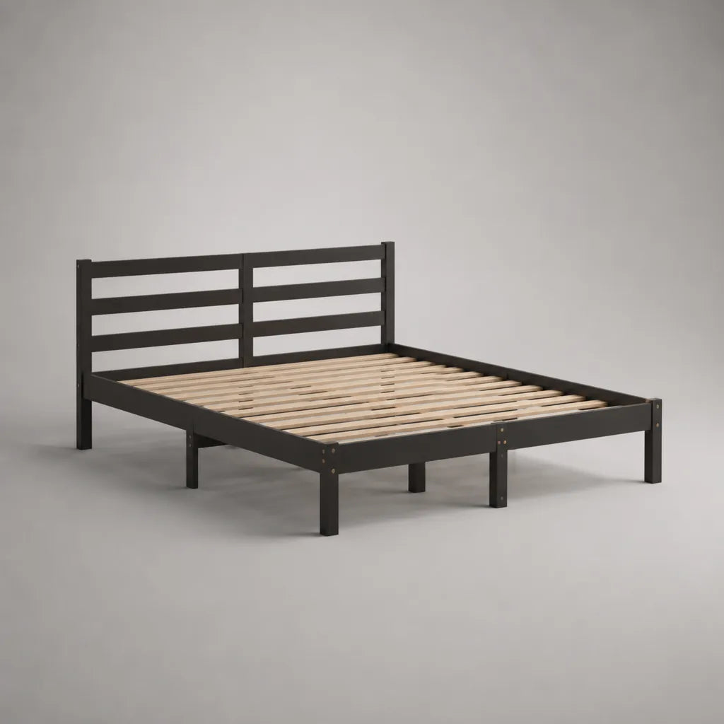 Cadre de lit double 160 x 200 cm en pin massif noir avec sommier à lattes