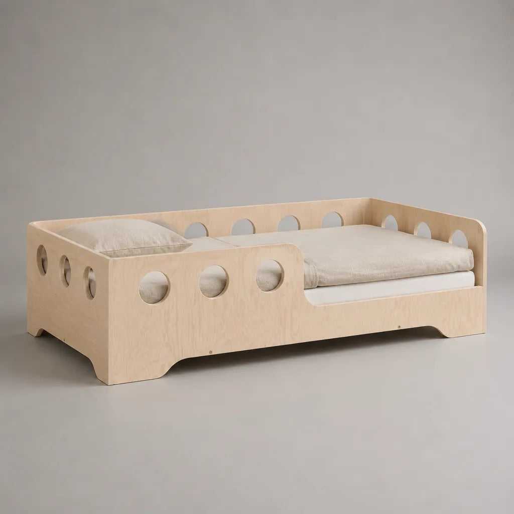 Lit enfant 90 x 190 cm en contreplaqué de bouleau naturel avec barrières, beige