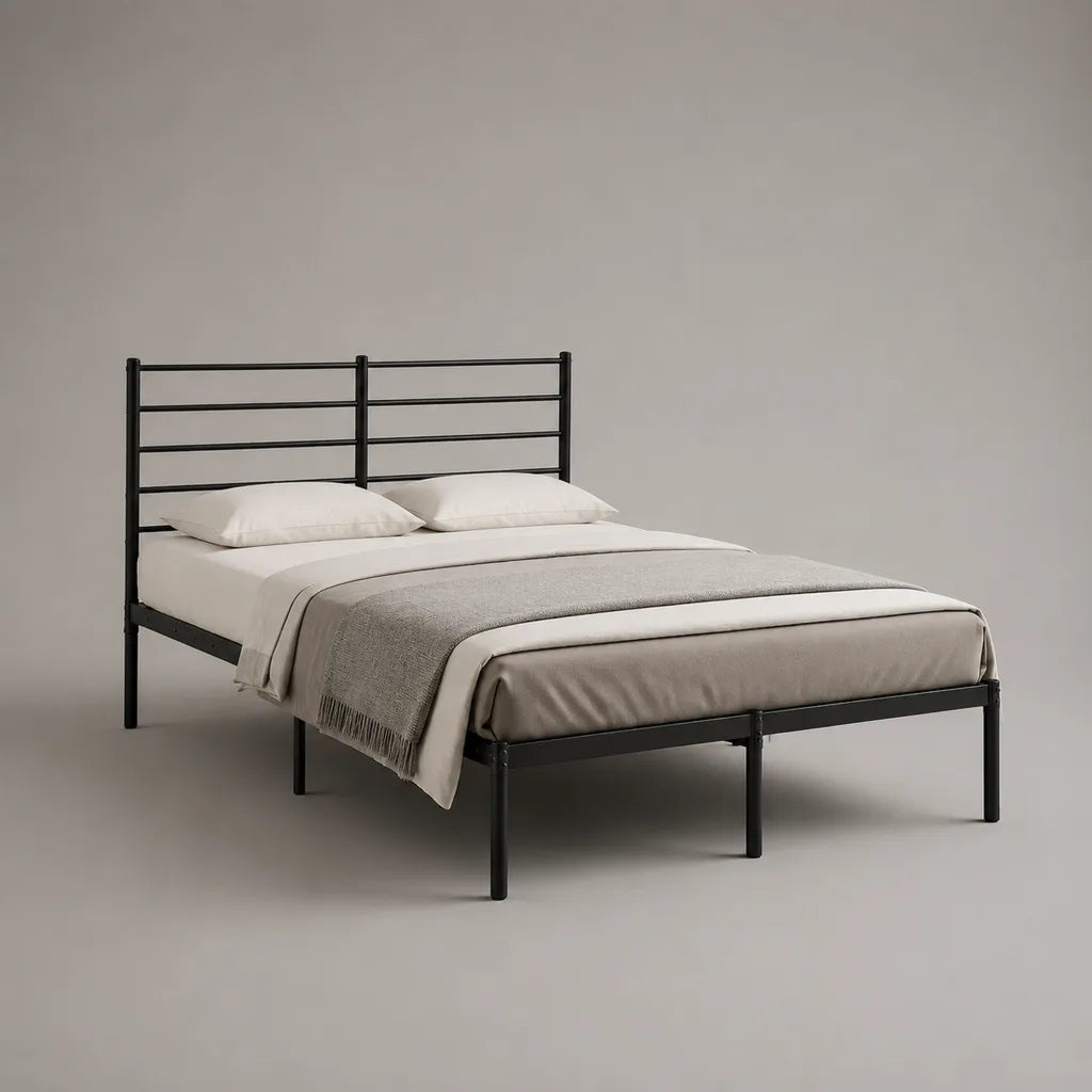 Cadre de lit double en acier noir avec sommier intégré, couchage 160 × 200 cm