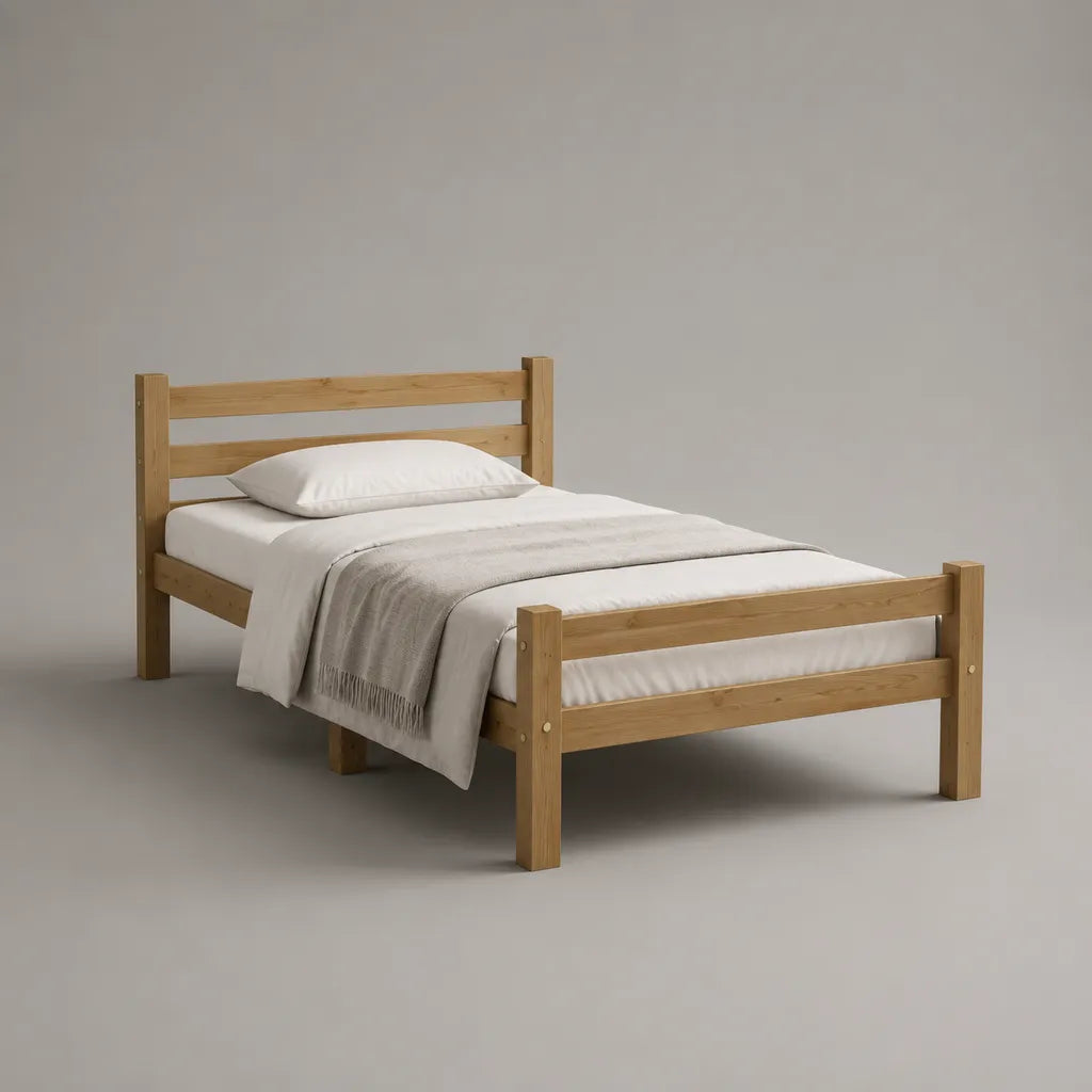 Cadre de lit simple rectangulaire en pin massif brun clair naturel avec sommier à lattes, couchage 90 × 190 cm, dimensions 200 × 99 × 90 cm