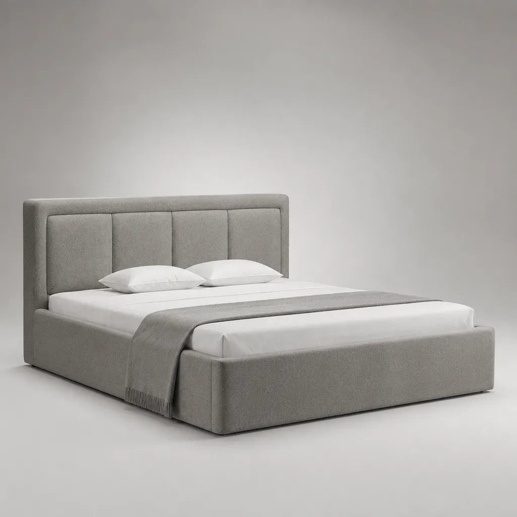 Cadre de lit double rembourré en polyester gris clair avec tête de lit, 177 × 218 × 120 cm, couchage 160 × 200 cm