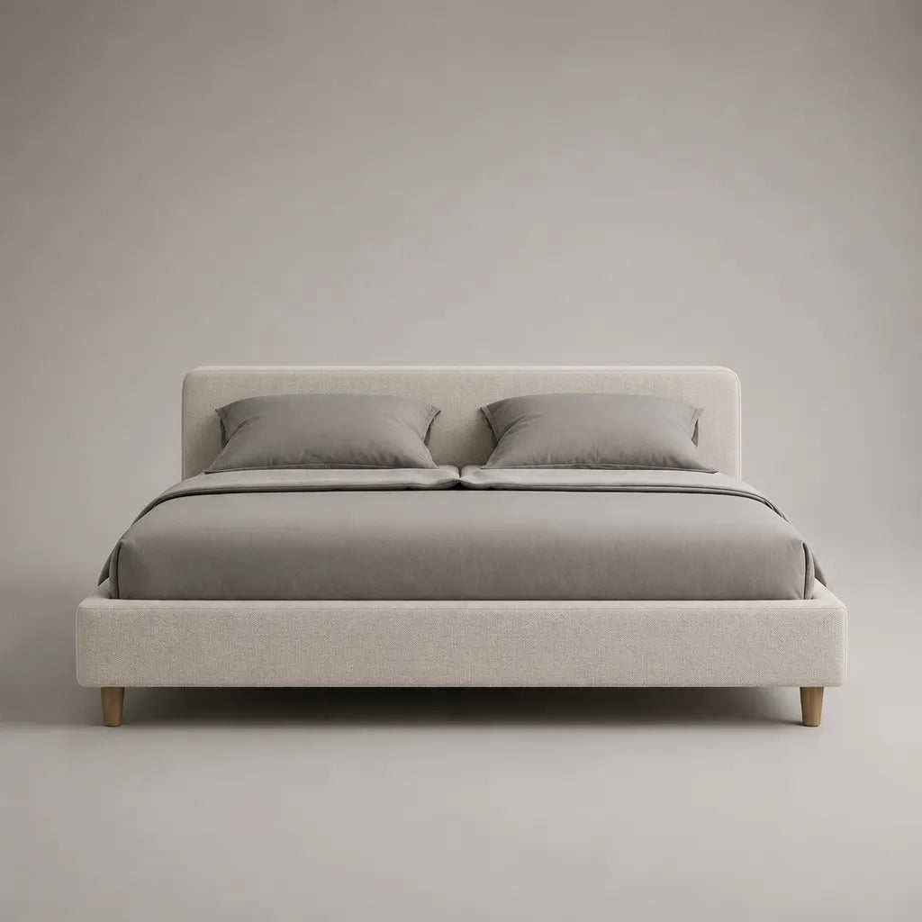 Lit double rembourré en tissu beige, couchage 160 x 200 cm, dimensions 213 x 174 x 100 cm, sommier à lattes et pieds en bois