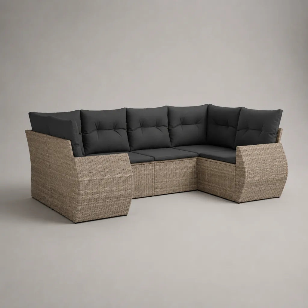 Canapé de jardin d’angle modulable 5 places en résine tressée PE et acier, beige et anthracite, 218 × 218 × 84 cm