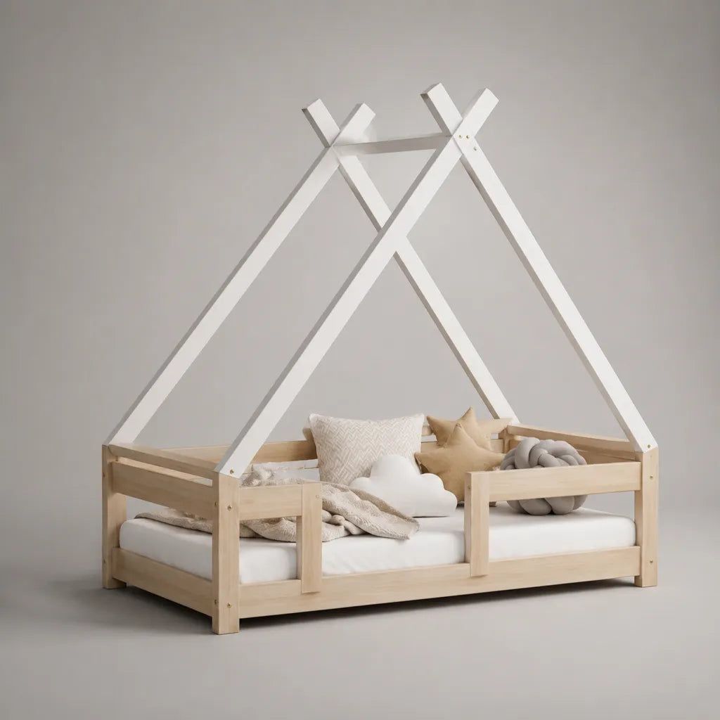 Lit cabane enfant 90 × 200 cm en pin massif avec sommier à lattes et barrières, bois naturel et blanc