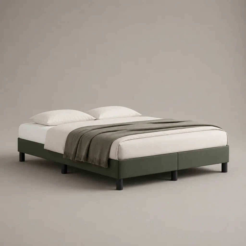 Cadre de lit double rembourré en tissu vert olive avec pieds en plastique noir, 2 sommiers sans tête de lit, couchage 160 × 200 cm, 204 × 164 × 35 cm