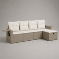 Canapé de jardin 4 places en L avec coffre en résine tressée PE beige et coussins en polyester crème, 245 x 145 x 85 cm