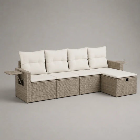 Canapé de jardin 4 places en L avec coffre en résine tressée PE beige et coussins en polyester crème, 245 x 145 x 85 cm