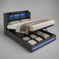 Lit coffre double 160 × 200 cm avec sommier relevable, tête de lit à rangements et LED bleues, acier, MDF et polyester gris foncé, 220 × 171 × 120 cm