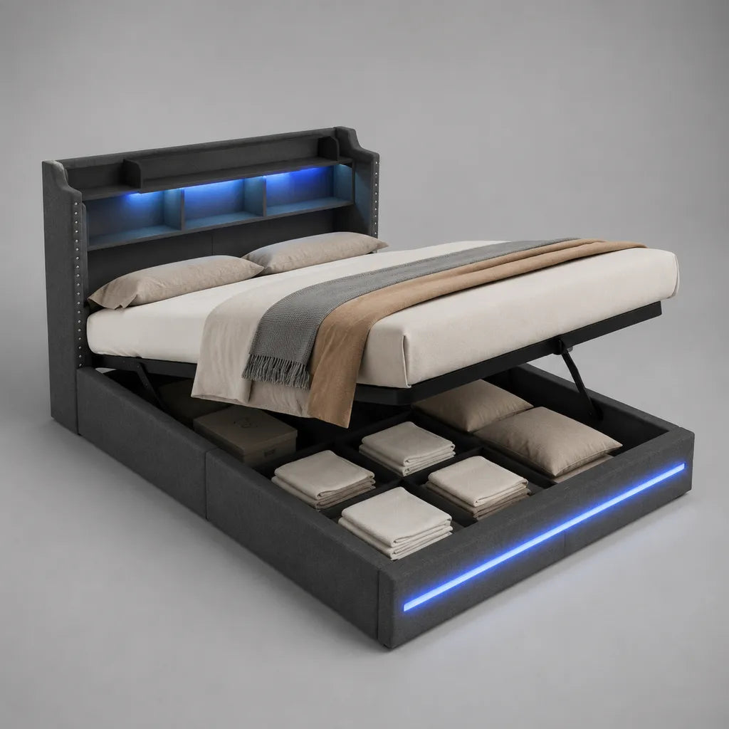 Lit coffre double 160 × 200 cm avec sommier relevable, tête de lit à rangements et LED bleues, acier, MDF et polyester gris foncé, 220 × 171 × 120 cm