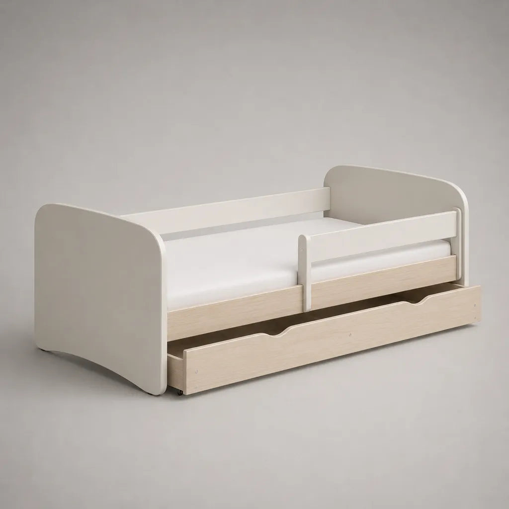 Lit enfant 80 × 160 cm en panneaux MDF blanc et chêne clair avec barrières et tiroir