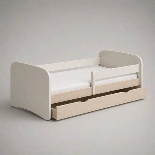 Lit enfant 80 × 160 cm en panneaux MDF blanc et chêne clair avec barrières et tiroir