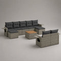 Ensemble de salon de jardin modulable en U 7 places, 7 éléments en résine tressée, métal, bois et tissu, gris taupe, anthracite et marron, 330 × 245 × 86 cm