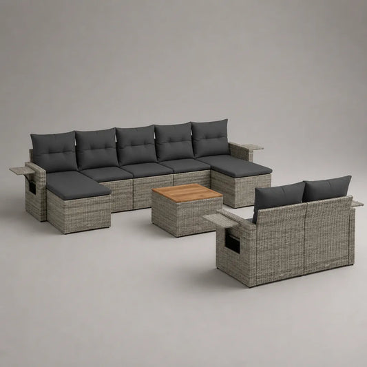 Ensemble de salon de jardin modulable en U 7 places, 7 éléments en résine tressée, métal, bois et tissu, gris taupe, anthracite et marron, 330 × 245 × 86 cm