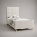 Lit simple rembourré en tissu blanc cassé avec tête de lit à 9 panneaux, couchage 90 × 190 cm, 203 × 99 × 130 cm