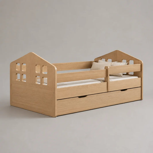 Lit enfant cabane en contreplaqué de bouleau plaqué chêne avec barrières et tiroir, couchage 90 × 190 cm, dimensions 199 × 99 × 110 cm, chêne naturel