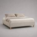 Cadre de lit double rembourré beige 160 × 200 cm en tissu avec tête de lit, sommier à lattes et pieds en bois, 212 × 168 × 88 cm