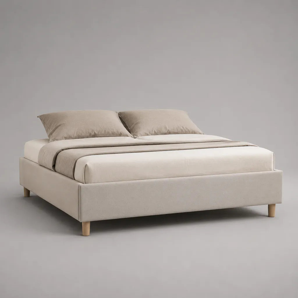 Cadre de lit double rembourré beige 160 × 200 cm en tissu avec tête de lit, sommier à lattes et pieds en bois, 212 × 168 × 88 cm