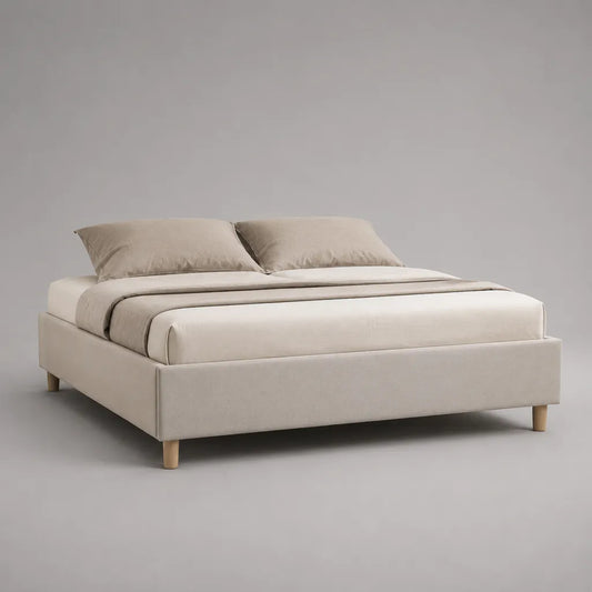 Cadre de lit double rembourré beige 160 × 200 cm en tissu avec tête de lit, sommier à lattes et pieds en bois, 212 × 168 × 88 cm