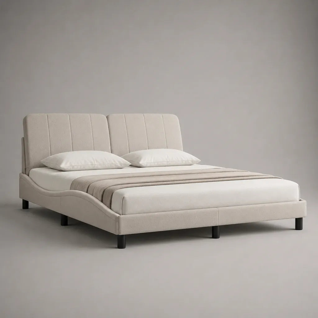 Lit double rembourré en polyester beige et noir, couchage 160 x 200 cm, dimensions 170 x 215 x 105 cm