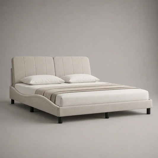 Lit double rembourré en polyester beige et noir, couchage 160 x 200 cm, dimensions 170 x 215 x 105 cm