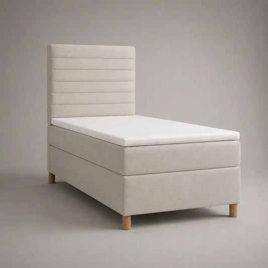 Lit simple en tissu beige clair 90 × 200 cm avec tête de lit, matelas et surmatelas