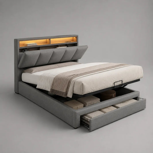 Lit coffre double en tissu gris 160 × 200 cm avec sommier relevable, tiroir, tête de lit à rangements et éclairage LED