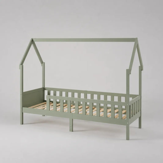 Lit cabane enfant en bois avec barrières, vert sauge, couchage 90 × 190 cm, dimensions 198 × 98 × 170 cm