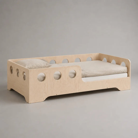 Lit enfant 90 x 190 cm en contreplaqué de bouleau naturel avec barrières, beige