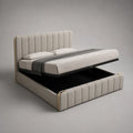 Lit coffre rembourré en polyester bouclé beige et métal doré, sommier relevable, couchage 160 x 200 cm, 220 x 178 x 120 cm