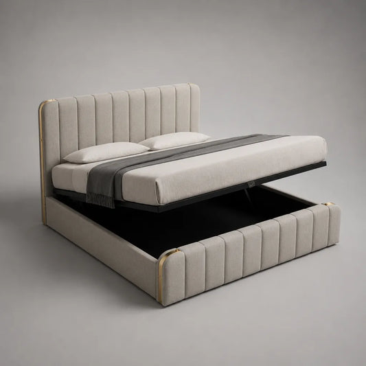 Lit coffre rembourré en polyester bouclé beige et métal doré, sommier relevable, couchage 160 x 200 cm, 220 x 178 x 120 cm