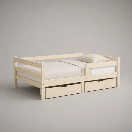 Lit enfant en bois avec barrières et 2 tiroirs, blanc cassé, couchage 90 × 190 cm