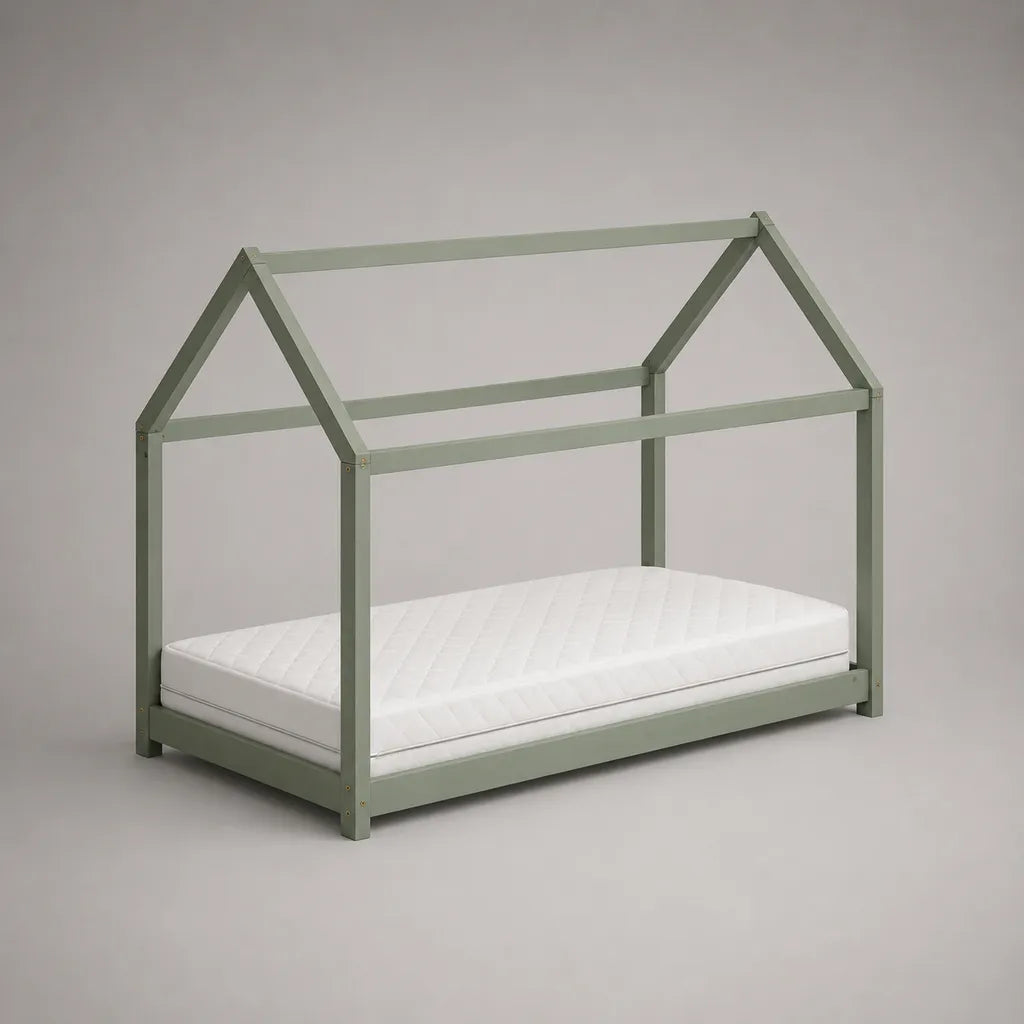 Lit cabane enfant en bois massif vert sauge, couchage 90 × 190 cm, dimensions 198 × 98 × 170 cm
