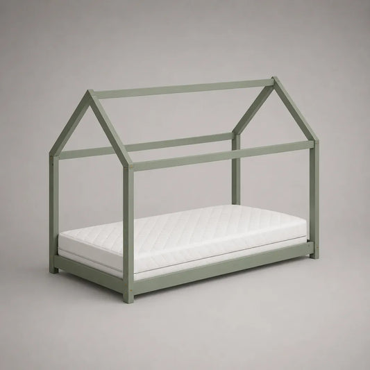 Lit cabane enfant en bois massif vert sauge, couchage 90 × 190 cm, dimensions 198 × 98 × 170 cm