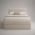 Lit coffre 2 places 160 × 200 cm en bois et métal, tissu beige, tête de lit à panneaux verticaux