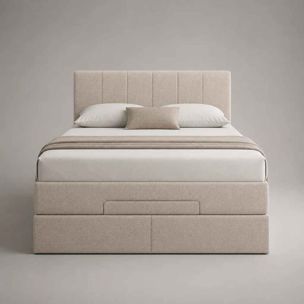 Lit coffre 2 places 160 × 200 cm en bois et métal, tissu beige, tête de lit à panneaux verticaux