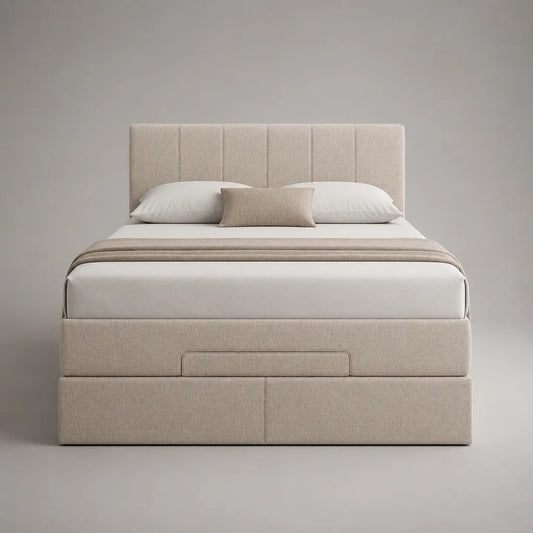 Lit coffre 2 places 160 × 200 cm en bois et métal, tissu beige, tête de lit à panneaux verticaux