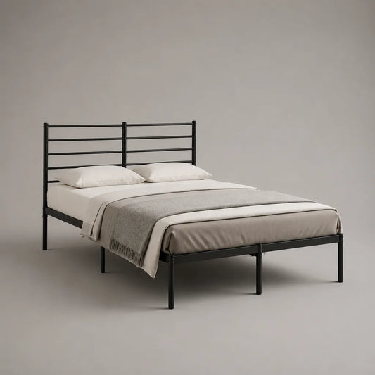 Cadre de lit double en acier noir avec sommier intégré, couchage 160 × 200 cm