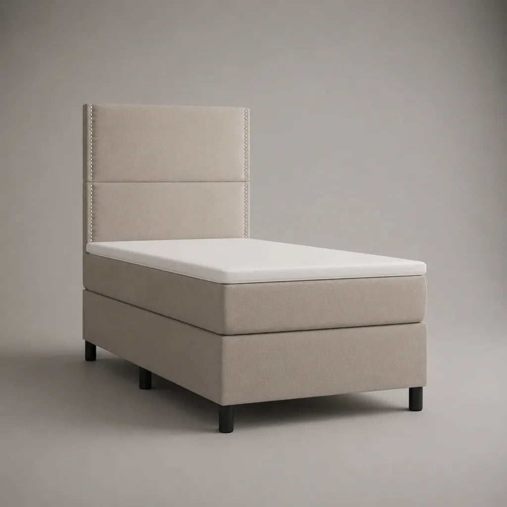 Lit boxspring 1 place en tissu beige 90 x 200 cm avec tête de lit, matelas à ressorts ensachés et surmatelas