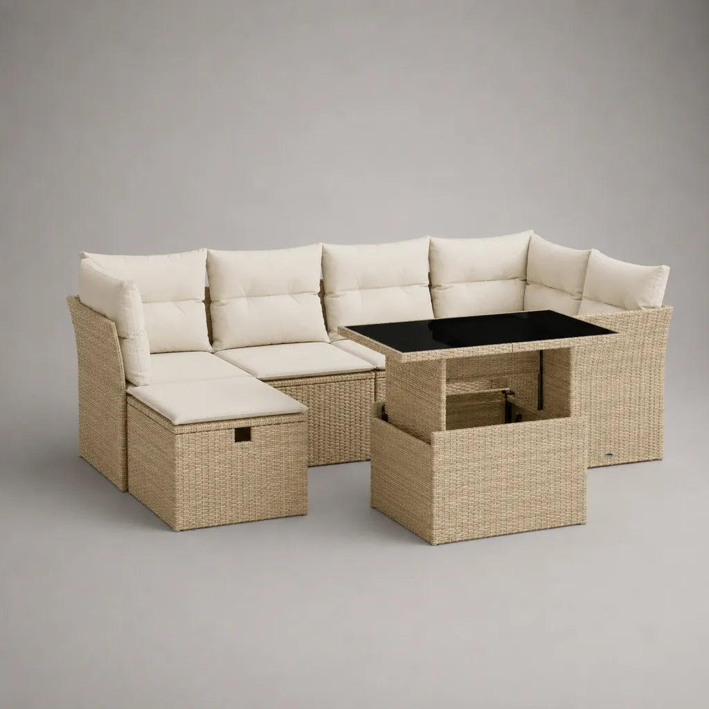 Salon de jardin 9 places en résine tressée beige avec canapé d’angle, 3 tabourets et table relevable en verre, 235 × 172 × 74 cm