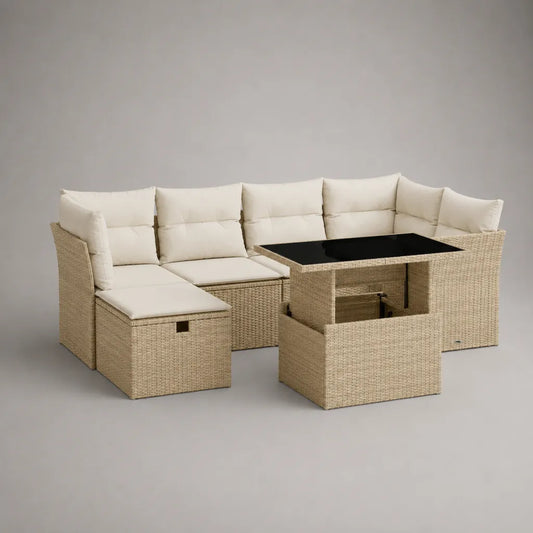 Salon de jardin 9 places en résine tressée beige avec canapé d’angle, 3 tabourets et table relevable en verre, 235 × 172 × 74 cm