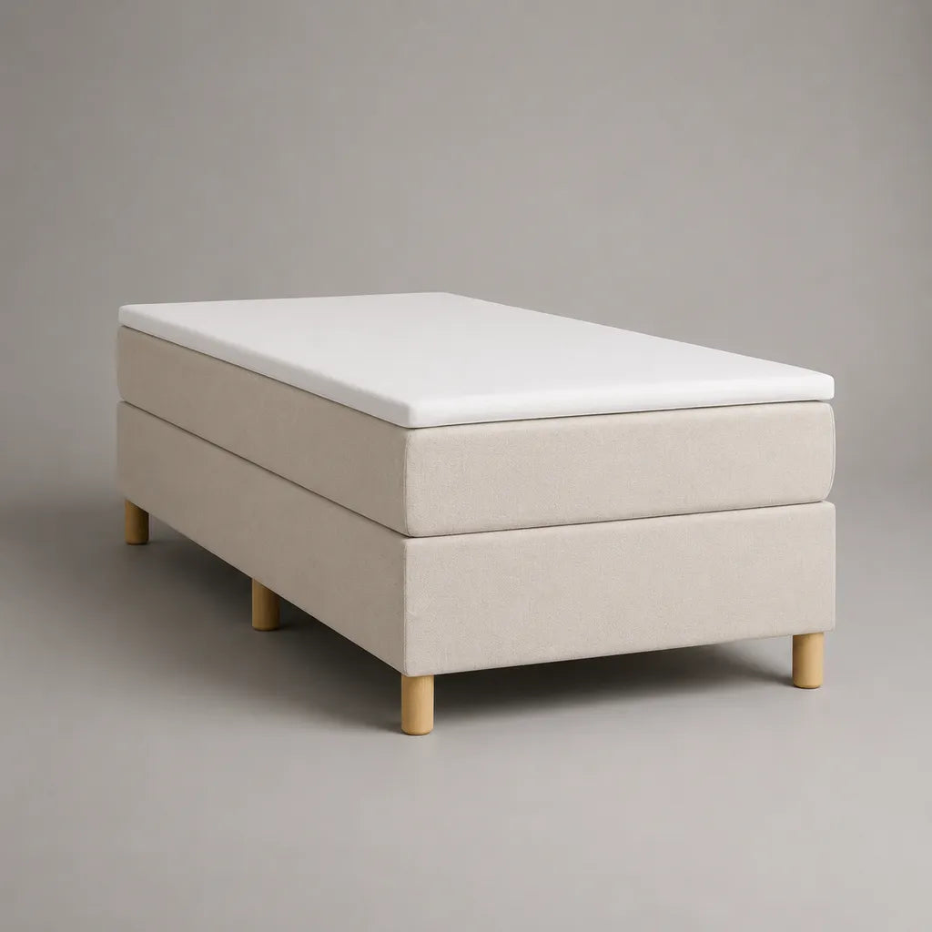 Lit tapissier 1 place avec matelas et surmatelas, tissu beige, 90 × 200 cm