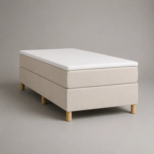 Lit tapissier 1 place avec matelas et surmatelas, tissu beige, 90 × 200 cm