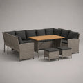 Ensemble de salon de jardin d’angle en L 5 pièces en résine tressée, acier et bois avec table et 2 tabourets, gris, anthracite et marron clair, 246 × 190 × 74 cm