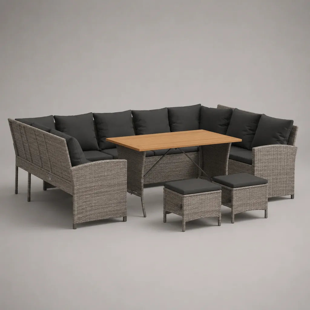 Ensemble de salon de jardin d’angle en L 5 pièces en résine tressée, acier et bois avec table et 2 tabourets, gris, anthracite et marron clair, 246 × 190 × 74 cm