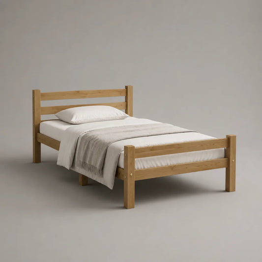 Cadre de lit simple rectangulaire en pin massif brun clair naturel avec sommier à lattes, couchage 90 × 190 cm, dimensions 200 × 99 × 90 cm