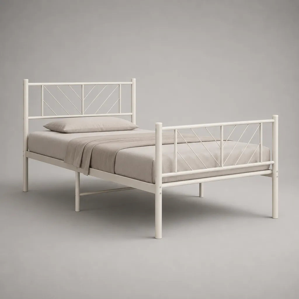 Lit double en acier blanc avec sommier intégré, couchage 140 × 190 cm, dimensions 198 × 146 × 90 cm