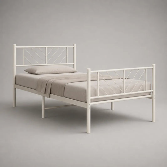 Lit double en acier blanc avec sommier intégré, couchage 140 × 190 cm, dimensions 198 × 146 × 90 cm