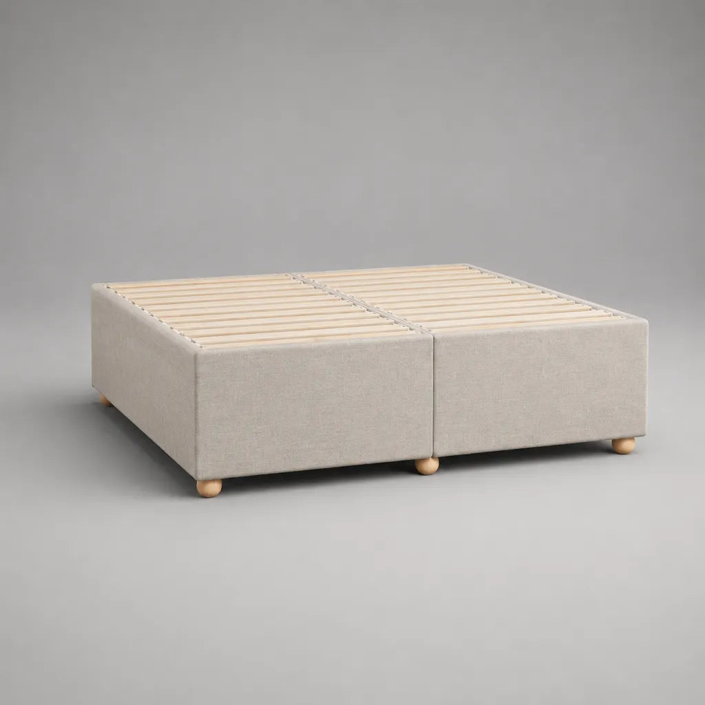 Cadre de lit double rembourré en tissu beige clair avec sommier à lattes en bois, 163 x 203 x 35 cm, couchage 160 x 200 cm